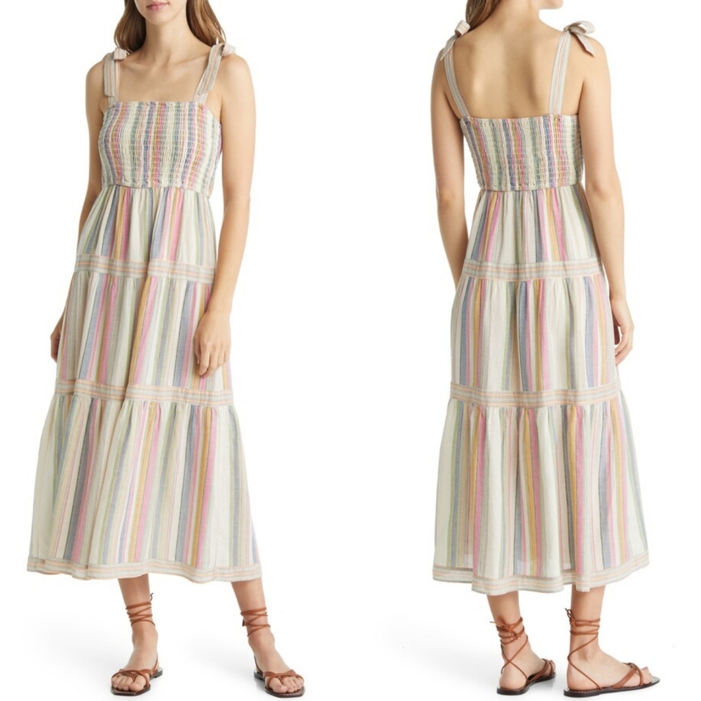 MARINE LAYER Selene Tiered Maxi Sundress In Beachy Stripe M.